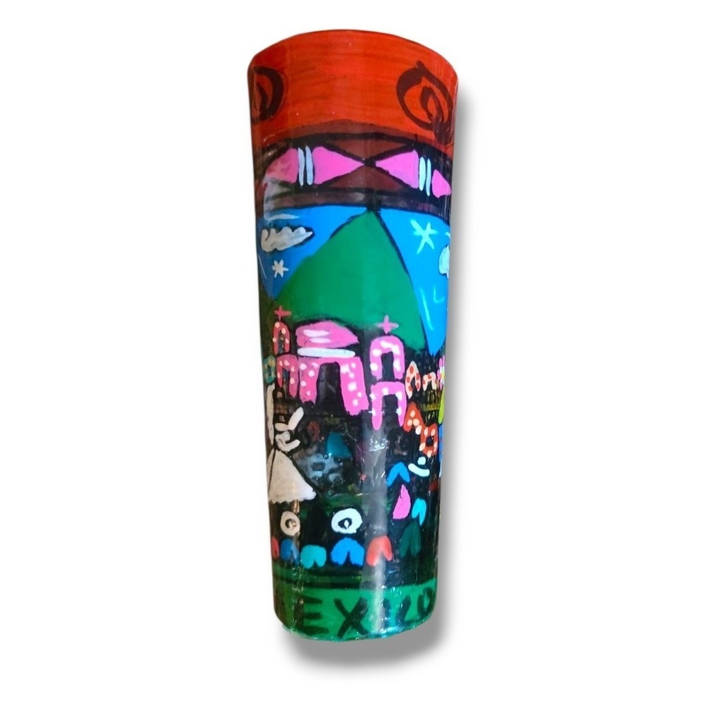 Hand Painted Tall Shot Glass MEXICO People Mountain Sun Sky